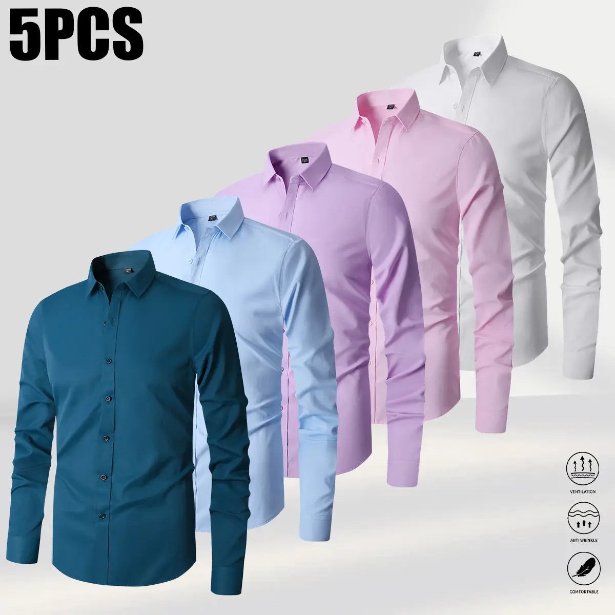Men's Cotton Shirts 5-Piece Set, Long Sleeve Solid Collared Button-Down Business Casual Workwear