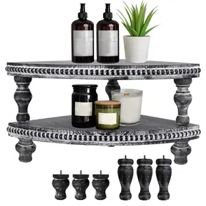 Vintage Black Corner Pedestal Stand, Rustic Decorative Riser for Display, Farmhouse Wood Corner Counter Shelf with Beaded, Set of 2