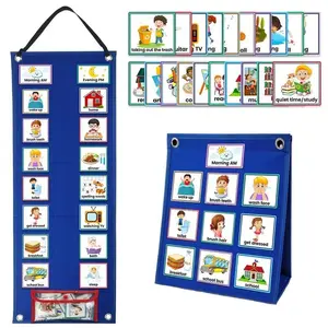 Visual Schedule Chart for Kids Daily Routine Card, 1 Set Affairs Pattern English Card with Display & Bag, Math Learning Tools, Parent-child Interactive Game Props, Summer Gift, Visual Learning Tools