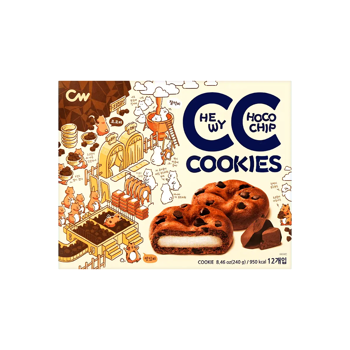 CW Korean Choco Chip Soft Mochi Cookies 240g - Chewy Stuffed Biscuit Snack