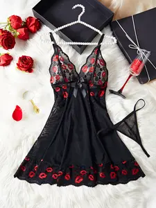 AESKEIA Women's Cute 2-Piece Elegant Lingerie Set - Sleeveless Lip Print Deep V-Neck Lace Trim Fit Babydoll Nightwear, Comfortable Flowy Sleepwear
