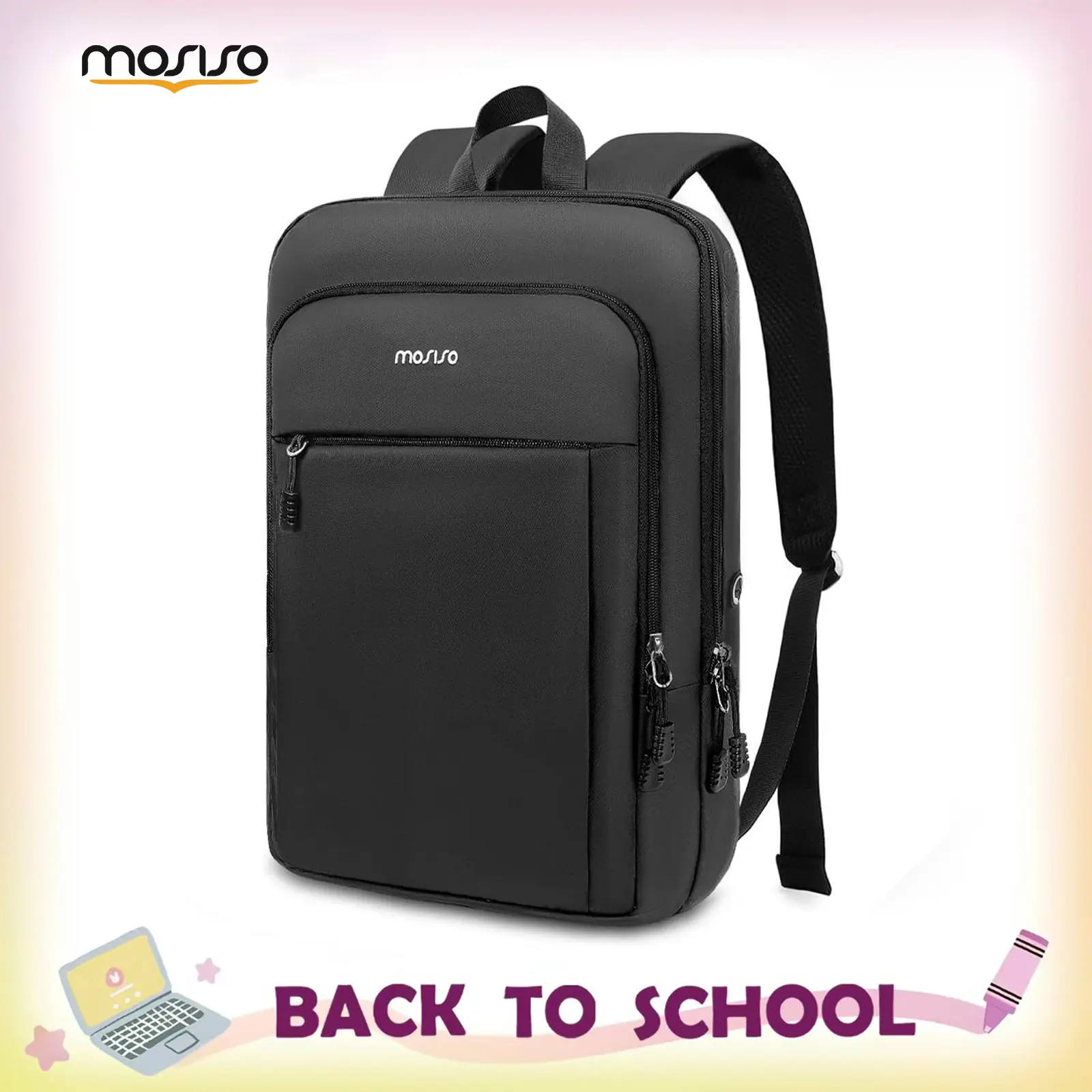 MOSISO Slim Lightweight Compact Laptop Backpack for Men-Women - 15.6-17.3 in Waterproof Polyester Daypack with 3 Front Zip Pockets, Luggage Strap - for School, International Travel, Work - School Backpacks, EDC Gear, Vivobook