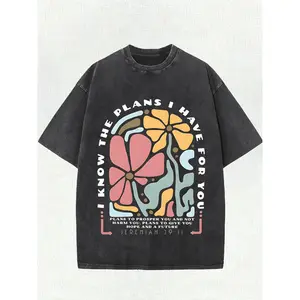 Inspirational Message 220g Pattern Print Washed Cotton Front Print Round Neck T-shirt for Men with Street Style