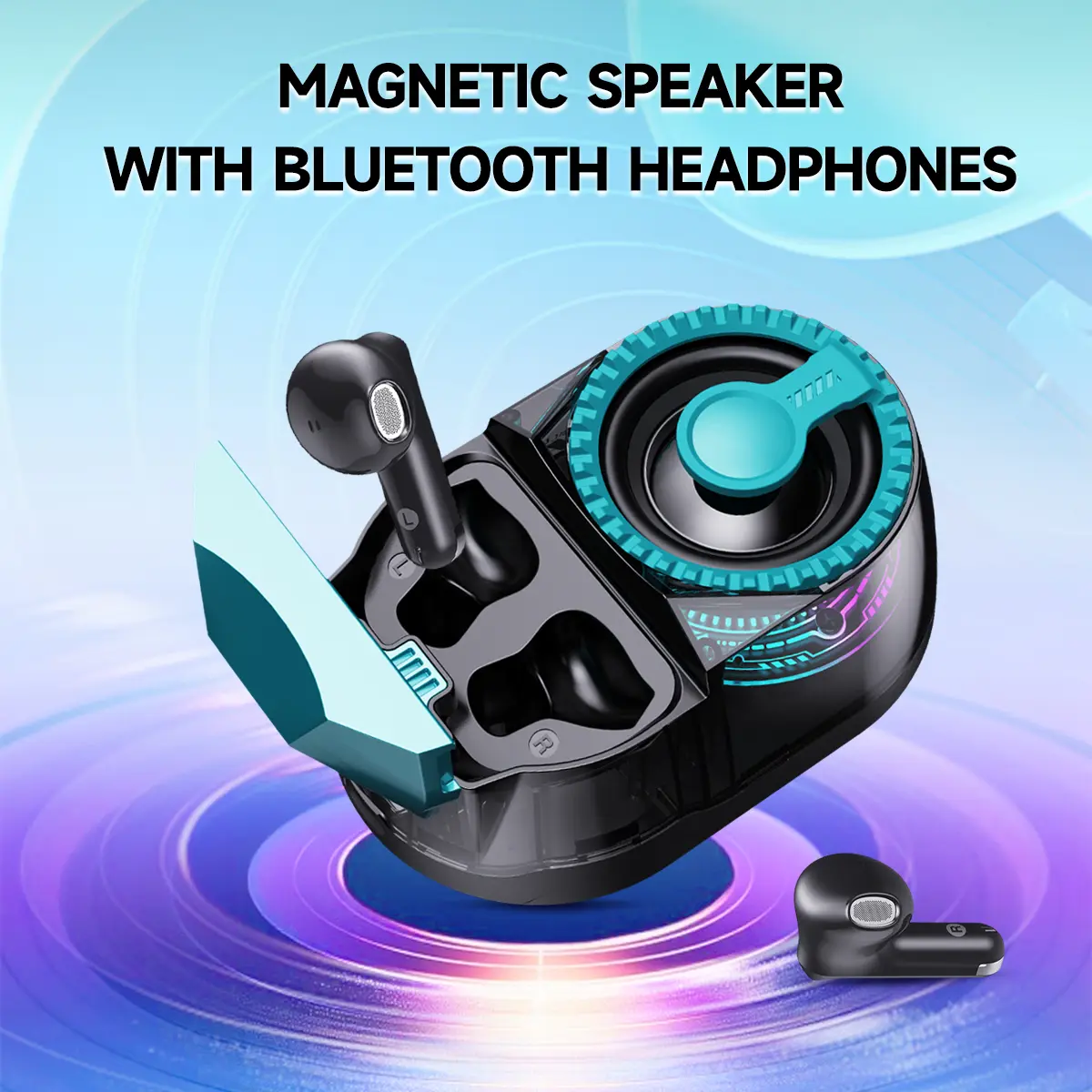 3-in-1 Wireless Induction Audio Bluetooth Speaker with Earbuds & Universal Stand, Surround Sound, Portable Desktop Gift for Home, Outdoors, Travel
