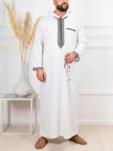 Islamic Muslim Traditional Clothing, Ramadan Festival Sacrifice Holiday Wear, Men's Zipper Embroidered Hooded Robe Modesty Thobe Traditional Arabic Robe, Daily & Special Occasions