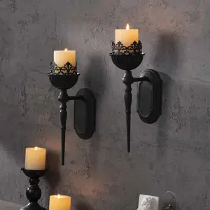 Black Crown and Scepter Design Wall-Mount Metal Candle Holders Set of 2 Gothic Rustic Wall Decor Ornaments Hanging Iron Wall Candle Sconce Holder 15x7x4.7 Inches