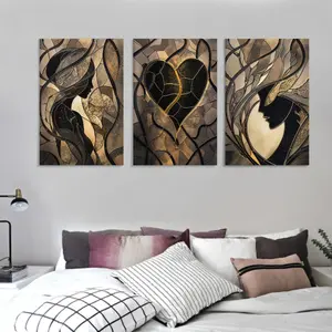 3pcs Black and Golden Romantic Couple Canvas Wall Art Modern Love Figure Painting Heart Design Artistic Gift for Living Room Bedroom Home Office Luxurious Abstract Triptych Decor 8x12 12x16 16x24 Easy to Hang UV Resistant
