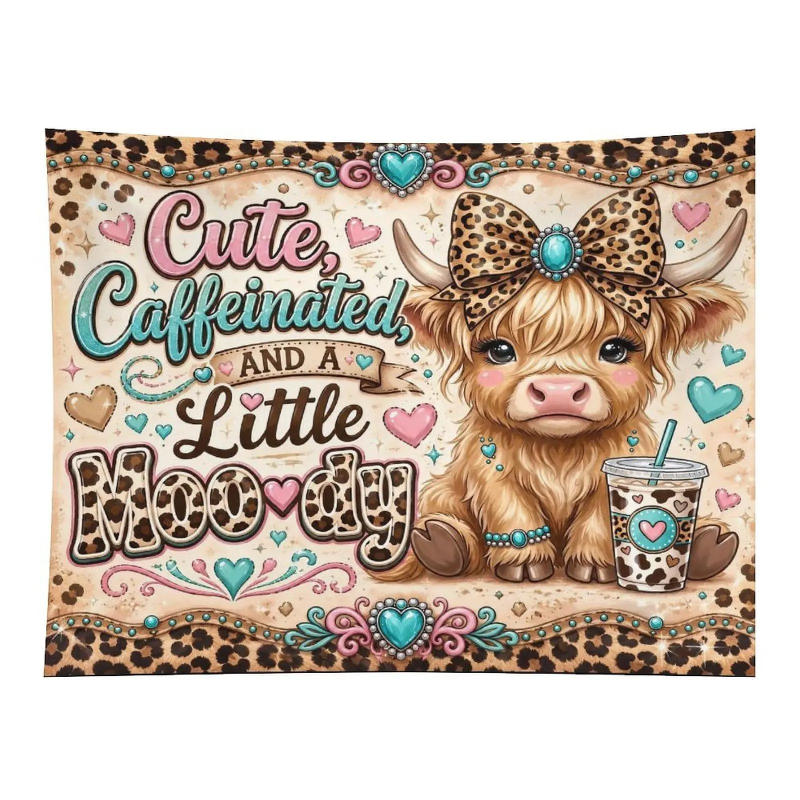 Cute Highland Cow Tapestry - Leopard Bow, Coffee Graphic, Quote Art Design - Western Country Vintage Style Wall Hanging for Room, Home Decor Supplies