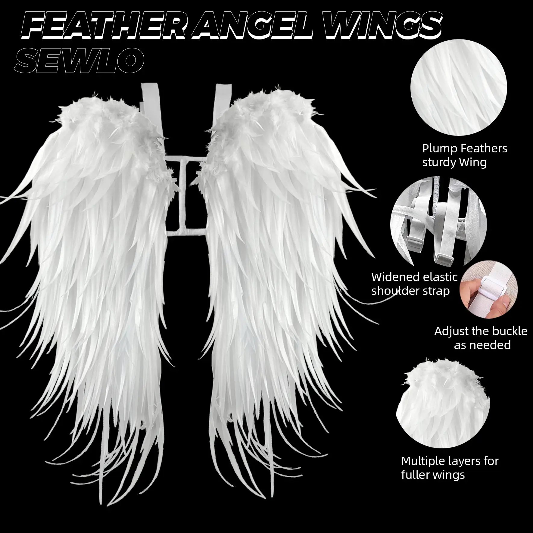 Sewlo Large Plump Feather Angel Wings for Adults - Cosplay Costume with Adjustable Straps, Halloween Party Photo Prop, Party Props