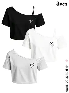 Women's 3 Pack Off Shoulder Basic Crop Tops Short Sleeve Asymmetric Spaghetti Strap T-Shirts Casual Slim Fit Y2K Streetwear Tees for Daily Summer Multi Color Pack