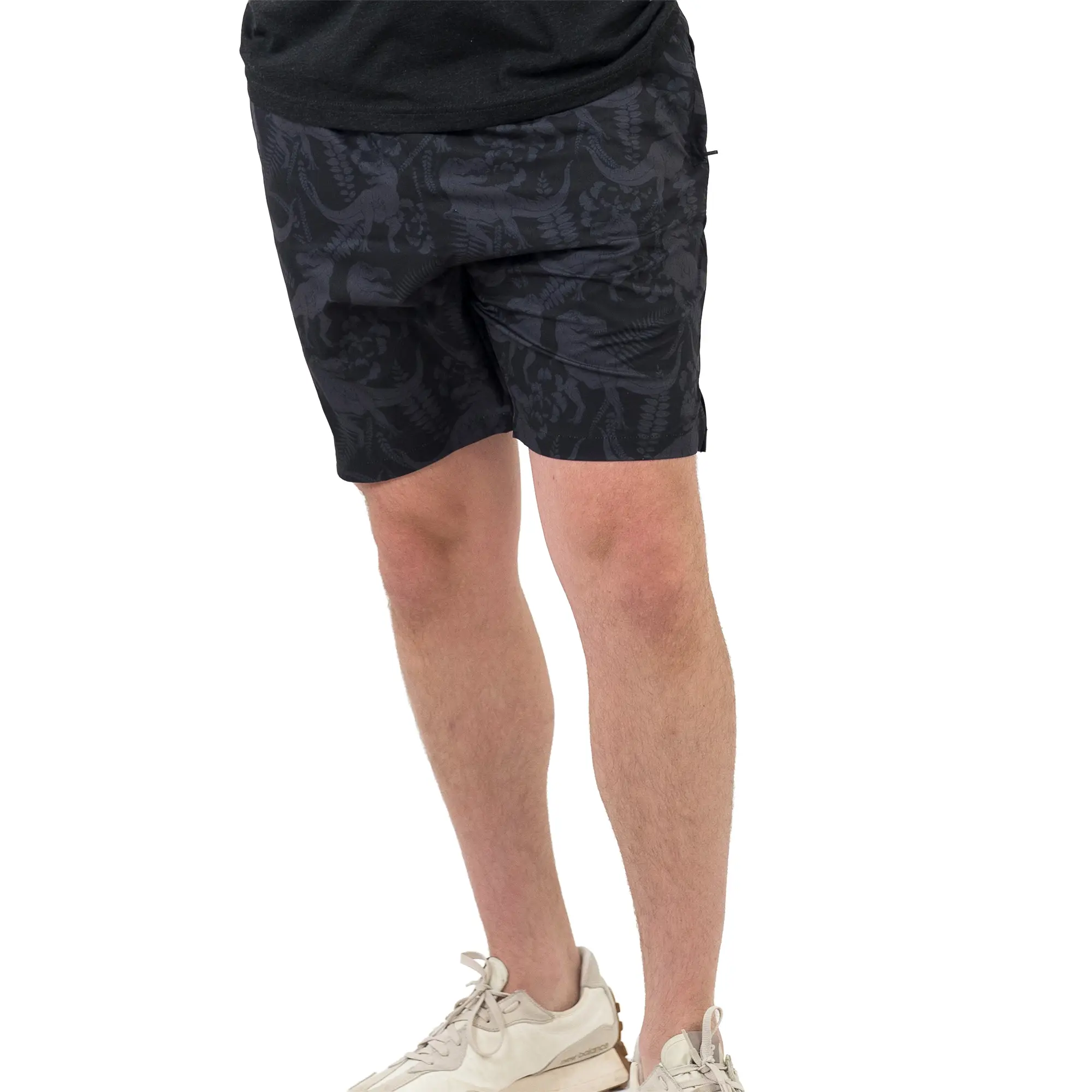 CVG Men's T-Flex Dinosaur Print Shorts - Black, Spandex-Polyester Blend, Zipper Feature, Sweat-Wicking Design