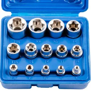 Female E-Torx Socket Set, Cr-V Steel | 14-Piece External Torque E4 - E24 Star Socket Set | 1/4”, 3/8” and 1/2”Drive
