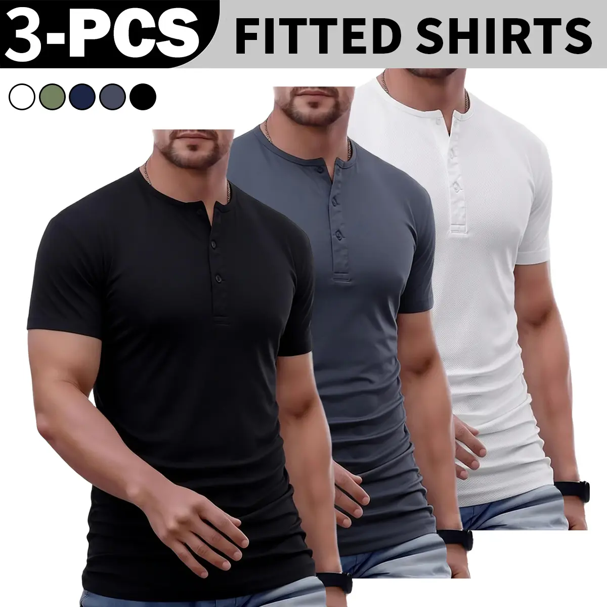 VV Selection-Men's Plain Muscle Slim FittedHenley Shirts Crewneck Longline T-Shirt Gym Workout Athletic Shirt Teeswith Button Menswear CasualTops,Men's Classic StreetwearClothing for Daily Wear,Fall FashionOutfits 2026