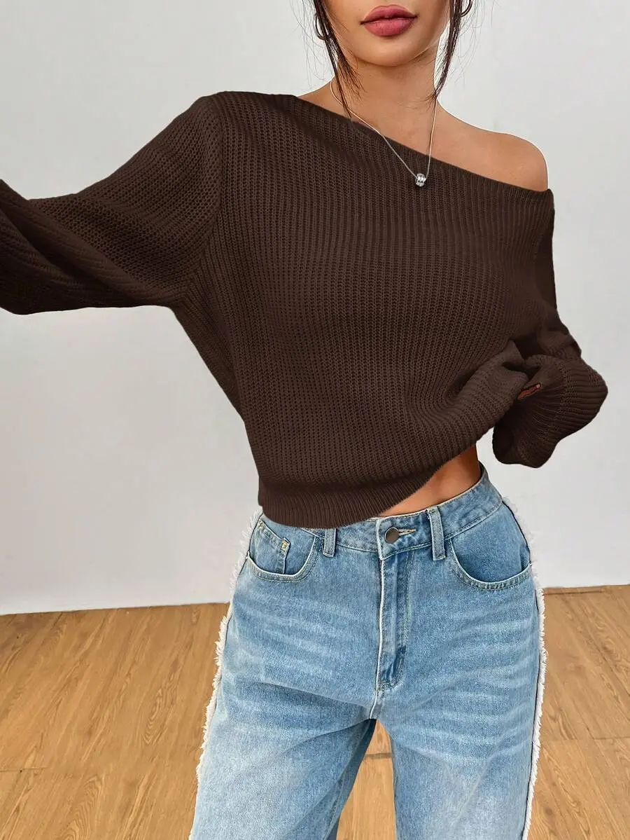Women's Petite Knitwear Long Sleeve Pullover - White, Casual Fit, Soft Knit Fabric, Off-Shoulder Wear Option, Suitable for Autumn & Winter