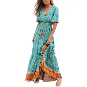 Womens Summer Cotton Short Sleeve V Neck Floral Print Casual Bohemian Midi Dresses