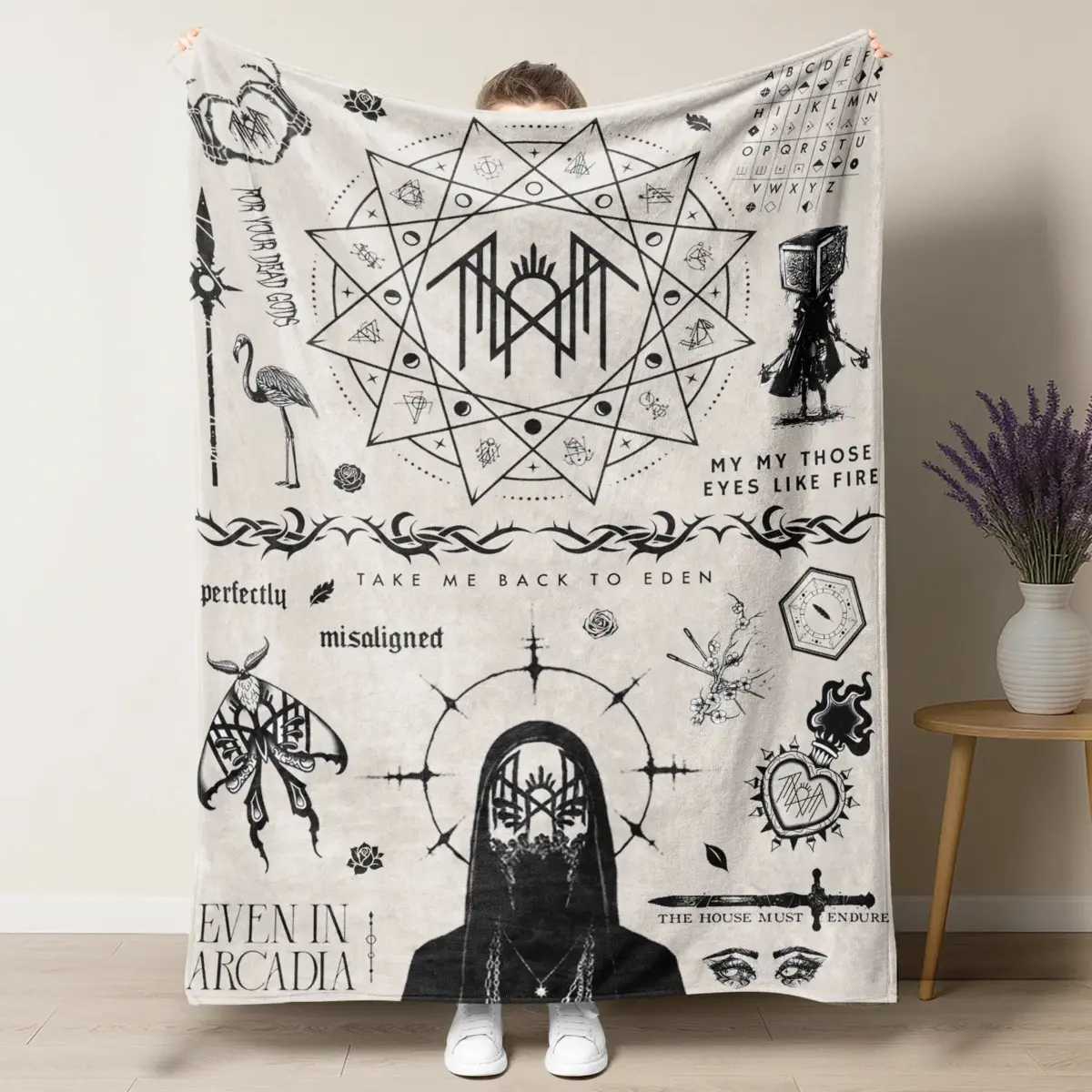 Sleep Token Band Merch Customized Figure Print Blanket - Take Me Back To Eden Album Art-Inspired, Occult Symbols, Lyrics Design, Soft Plush Fleece, Durable, Fading Proof, Flat Weave, Gift for Rock Music Fans, Home House Decor, Giftable Blankets, Room Deco