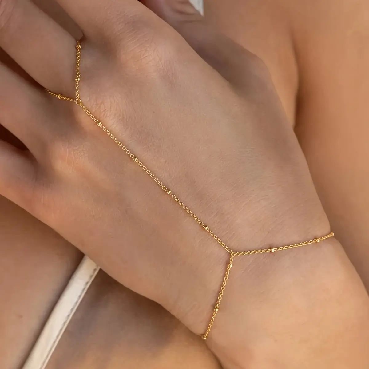 14k Gold Plated Hand Chain Bracelet for Women - Dainty Beads Cable Hand Chain Bracelet Finger Ring, Birthday Jewelry Gifts for Women
