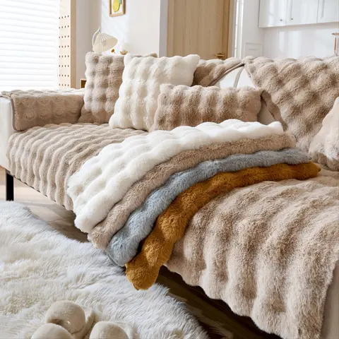 1 PC Solid colour Plush Sofa Cushion Cover, Fluffy Non-Slip Washable Couch Protector Pad, Removable Washable Slipcovers, Slipcovers For Couches And Sofas, Pet-Friendly Sofa Mat, Fits Armchair/Loveseat/3-Seater Sofa, Living Room Decor