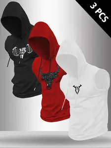 Men's Bull Head Print Hooded Tank Top, Regular Fit Casual Comfy Sleeveless Top for Summer, Men's Clothes for Outdoor Workout, Menswear