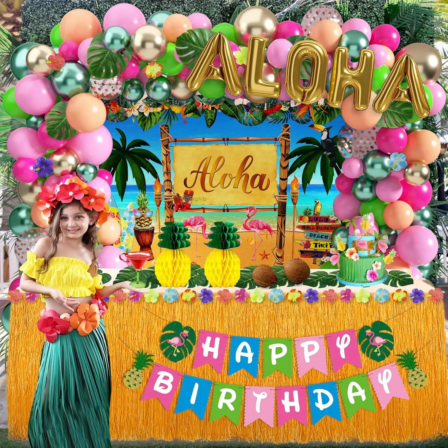Luau Birthday Party Decorations 169-Pc Hawaiian Tropical Aloha Party Supplies – Balloon Arch Kit, Backdrop, Table Skirt, Banner, Cake Toppers & Straws for Summer Beach Party