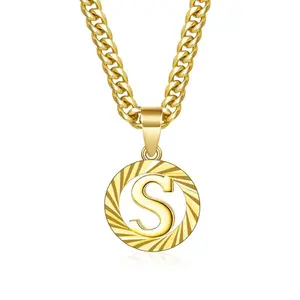 Gold Color Monogram Necklace 5mm Cuban Chain Plated Round Letter Pendant Hollow Capital Monogram Dainty Unisex Jewelry for Women Men Ideal Gift