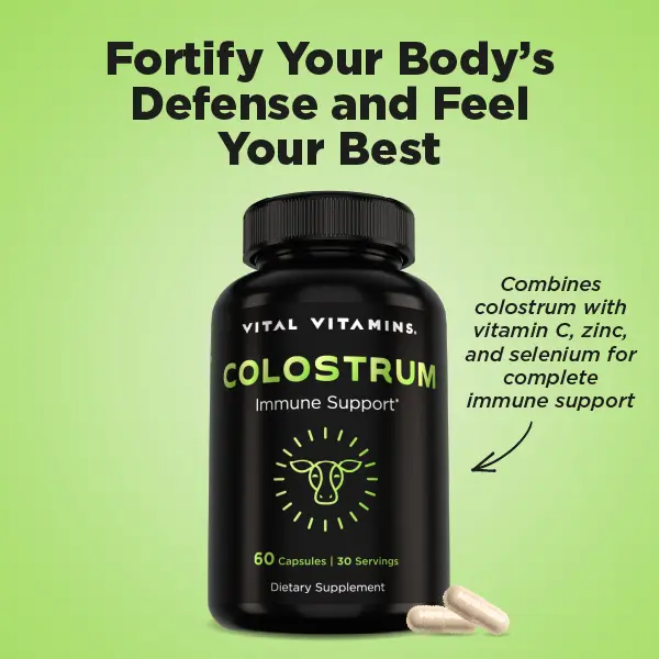 Colostrum Supplement - Vitamin C, Zinc, & Selenium - from First Milking - Standardized to Contain 10% IgG Immunoglobulins - Grass-Fed American Cows - 60 Capsules