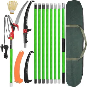 30 Ft Manual Pole Saw, Extendable Tree Pruner Blade and Scissors Set with 9 Fiberglass Handles, Long Branch Pruner Retractable for Backyard and Garden, Bush Cutting and Pruning of Palm Trees