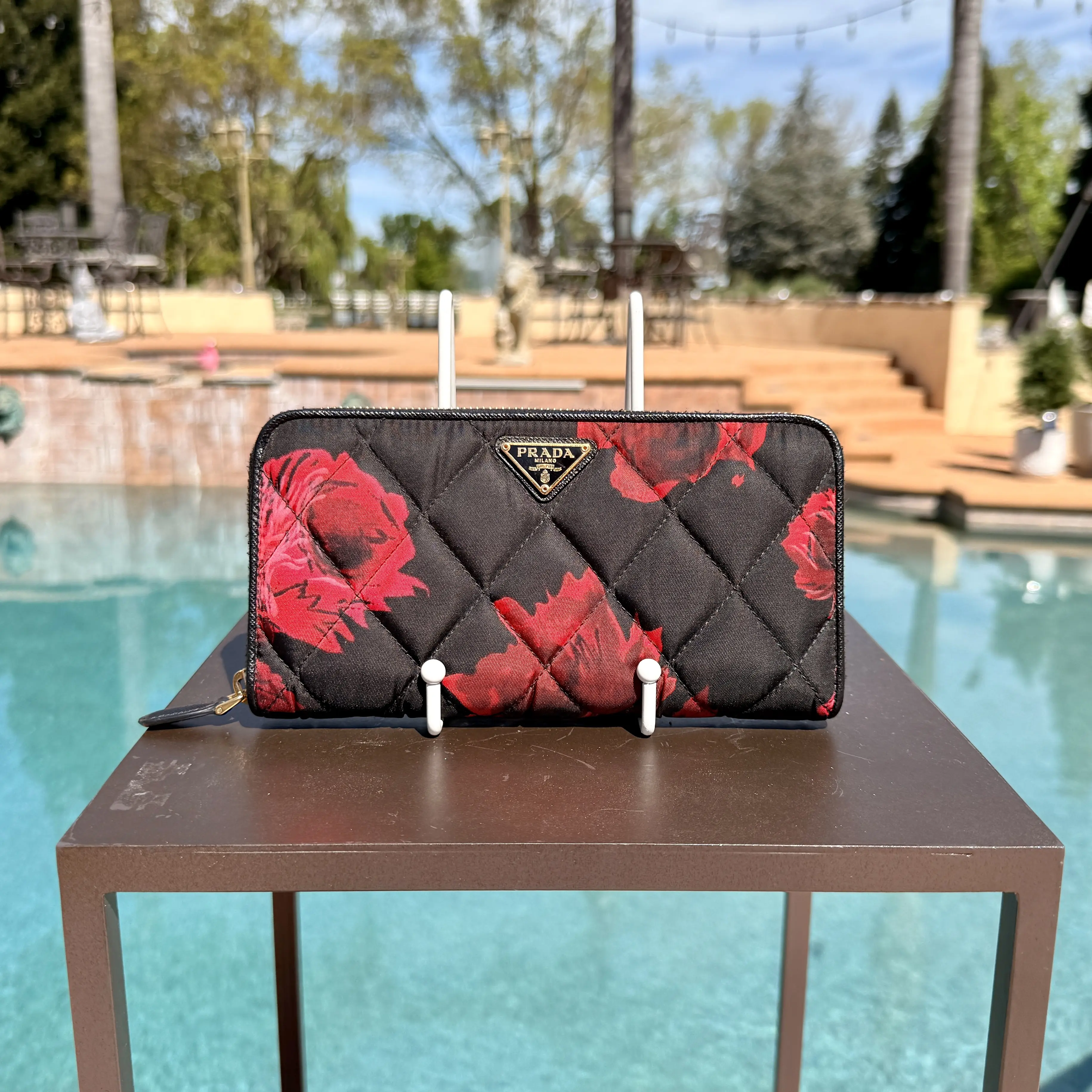 Pre-owned PRADA Nylon Small Leather Goods Red Flower Quilted Long Zippy Wallet