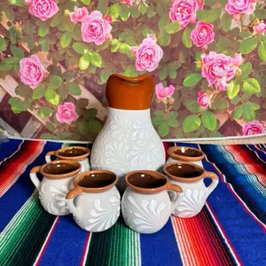 Engove Pitcher Relieve Color Blanco con boca color mamey Set with Elegant Design and White Finish for Your Decor Needs Jug Mug Mexican Tea Classic Mexican Tejas Drinkware Kitchen Utensils