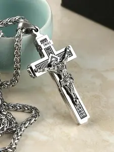 Men's Stainless Steel Gothic Cross Bible Prayer Pendant Necklace, Catholic Jesus Christ Chain, Christian Devotion Exquisite Jewelry Gift for Teens Women Men