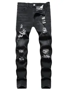 Vintage men’s solid-color ripped denim jeans; summer washed stretch denim jeans; casual slim-fit denim jeans; street-style casual comfortable denim long pants suitable for everyday wear and spring/autumn menswear. jeans men distressed