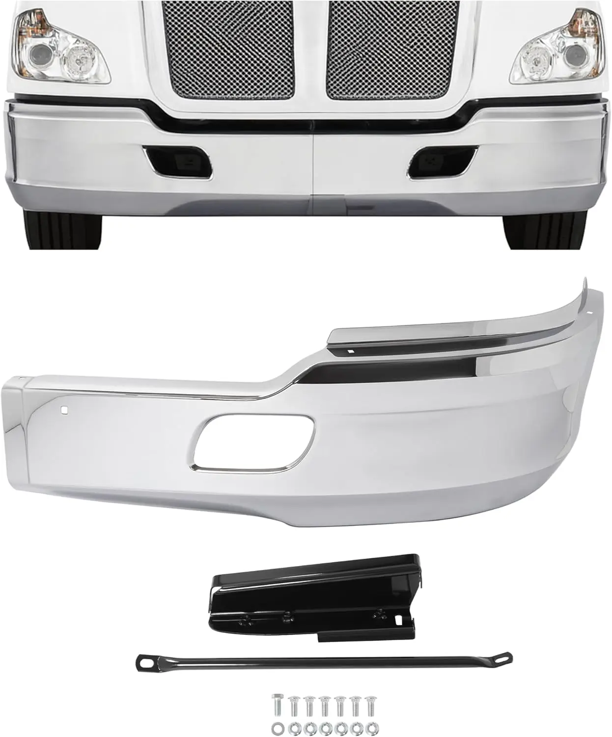 Steel Front Bumper End Cap Cover Corner Compatible with 2012-2021 Kenworth T680 Replacement For KEN08-0001CH-L W/Brackets, W/O Fog Light Hole Chrome Left Driver Side