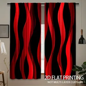 2-piece set of Cyber Red and Black Wave Pattern Window Curtain Polyester Fabric Transparent Rod Bag Design, Suitable for Living Room, Bedroom, Office - Machine Washable, Art Home and Festival Decoration