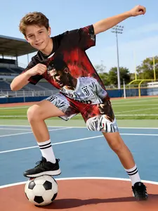 Boys' Flame Ink Background Juventus Cr7 Football Tee & Short Set, Casual Summer, Party Vacation School Wear