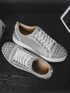 Men's Silver Glitter Fabric Studded Casual Skate Shoes, Cool Luxury Style, Glitter Fabric + Stud Decoration + Orange Sole Contrast, Cool & Eye-Catching, Unique Texture , Ideal for Daily Outfits & Leisure Outings