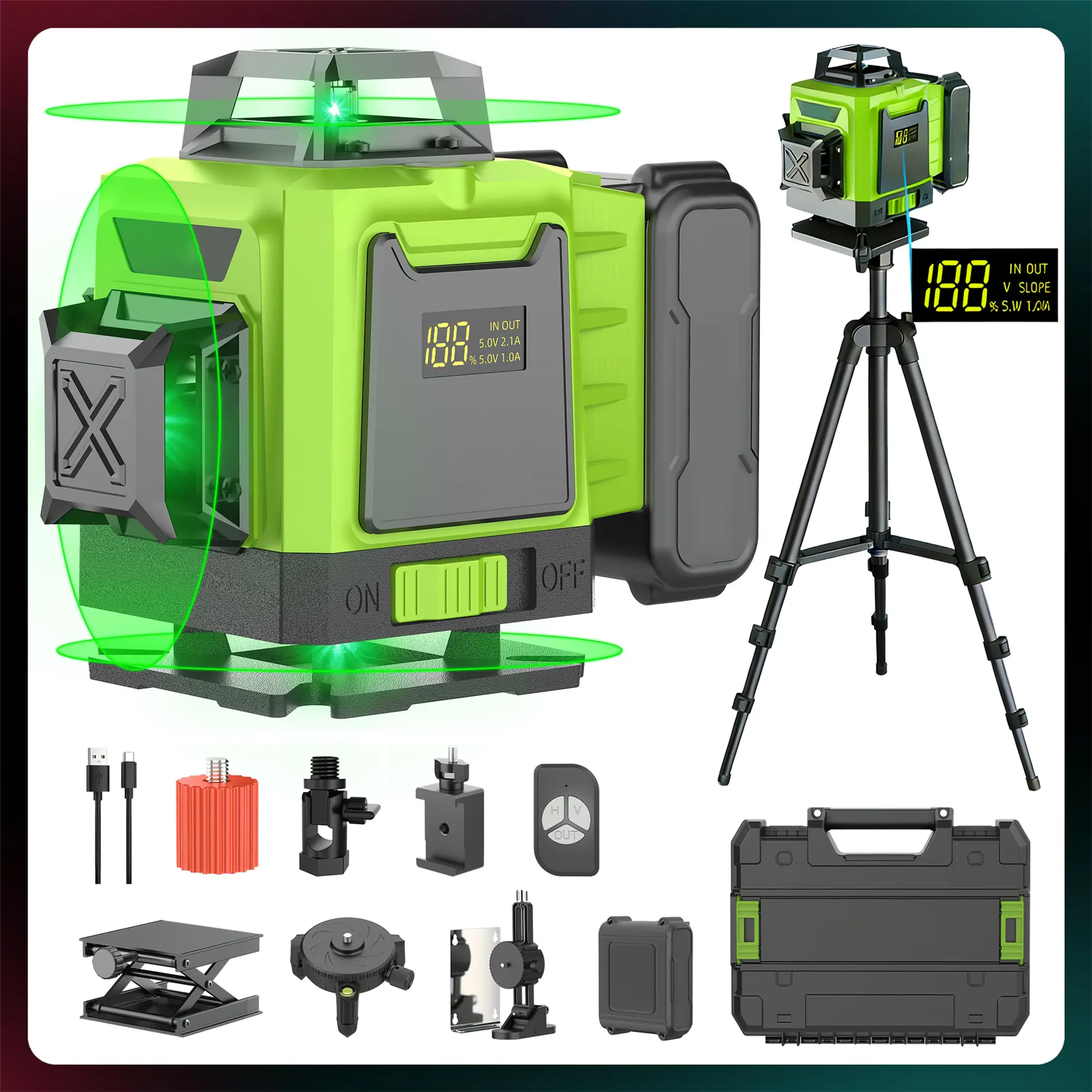 16-Line Green Laser Level with Tripod, Self-Leveling 4D 360° Laser Level Tool, Remote Control,  Batteries, Full Kit for Construction, Tile, Floor & Home Renovation