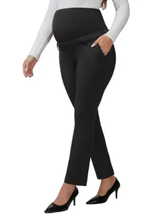 INSPIRE CHIC Women's Maternity Pants Business Straight Stretchy Over Belly Pregnancy Trousers with Pockets for Work Office Black