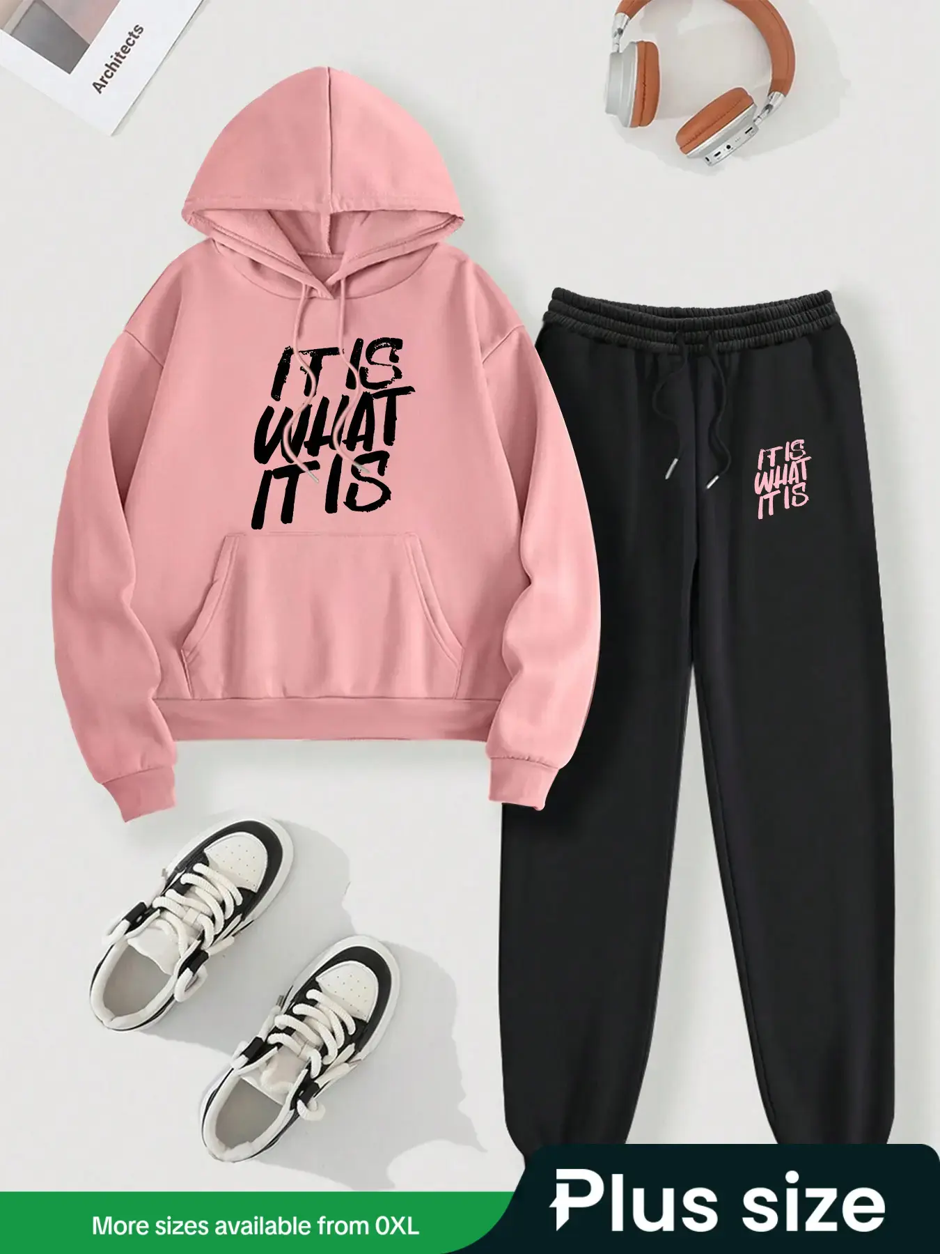 [Plus Size] Women's Letter Print Drop Shoulder Hoodie & Drawstring Waist Sweatpants Set, Streetwear Set, Casual Loungewear Sets, Casual Cozy Breathable Two-piece Outfits for Daily Workout Running, Womenswear, Cozy Lounge Set
