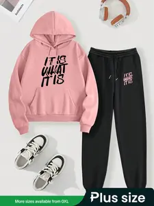 [Plus Size] Women's Letter Print Drop Shoulder Hoodie & Drawstring Waist Sweatpants Set, Casual Fashion Cozy Breathable Two-piece Outfits for Daily Workout Running, Women's Clothes for Fall & Winter, Womenswear, Cozy Lounge Set