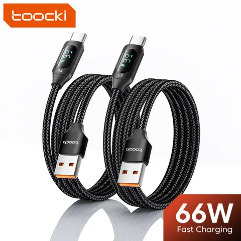 Toocki USB-A to USB-C Fast Charging Data Cable with Quick Charge Adapter, Dual Sync Port Combo, Digital Power Display, 66W Output, Dual Charging Modes, High-Speed Transfer, Black 1m/3.3ft/2m/6.6ft, 1PC/2PCS, for Cellphone (Samsung, OPPO, Vivo, Xiaomi)