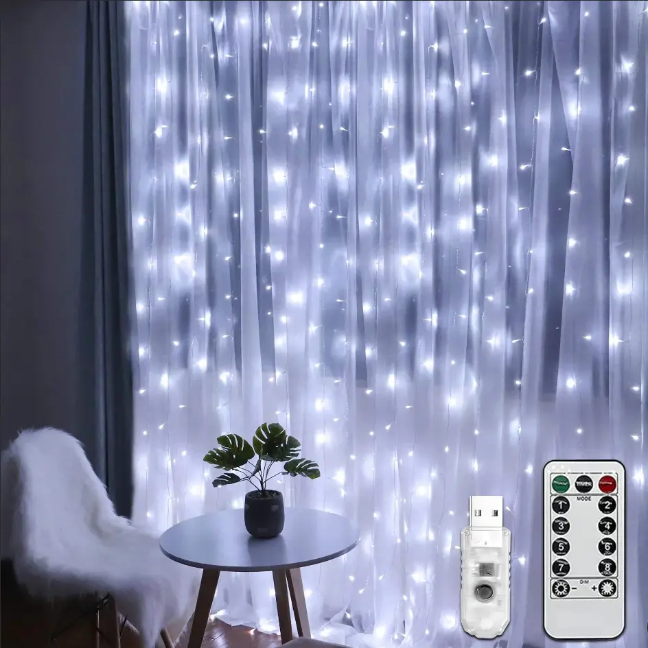 White LED Lights for Bedroom - 300-LED 9.8x9.8 Ft Fairy Curtain with Remote, 8 Flashing Modes, USB Plug-in Universal Mobile Light Accessory for Dorm Backdrop Window Wall Indoor Outdoor