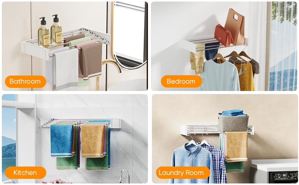 Wall-mounted clothes drying rack, foldable clothes rack, foldable hanger, with 2 towel racks and wall template, suitable for hanging clothes indoors and outdoors, 5 rods