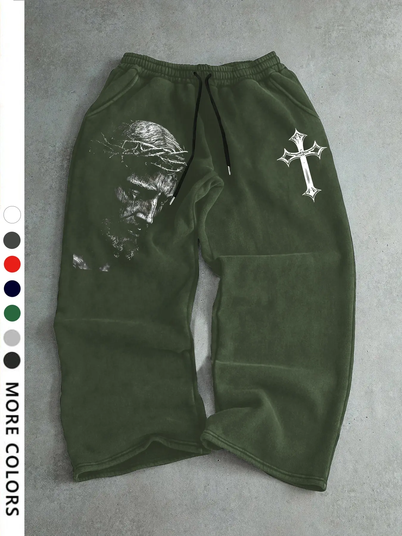 Men's Casual Sporty Long Pants, Sweatpants, Athleisure Style Bottoms, Jesus & Cross Pattern Print, Drawstring Wide Leg, Loose Fit, All Seasons, Natural Waist, Drawstring Pocket Sweatpants, Casual Comfy Sweatpants