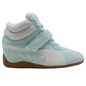 Puma Speedcat Wedge Fresh Water Silver Mist Women's Chunky Platform Sneaker - Authentic Designer Streetwear Shoes for Women with Blue, Green, White Accents, Everyday Shoes