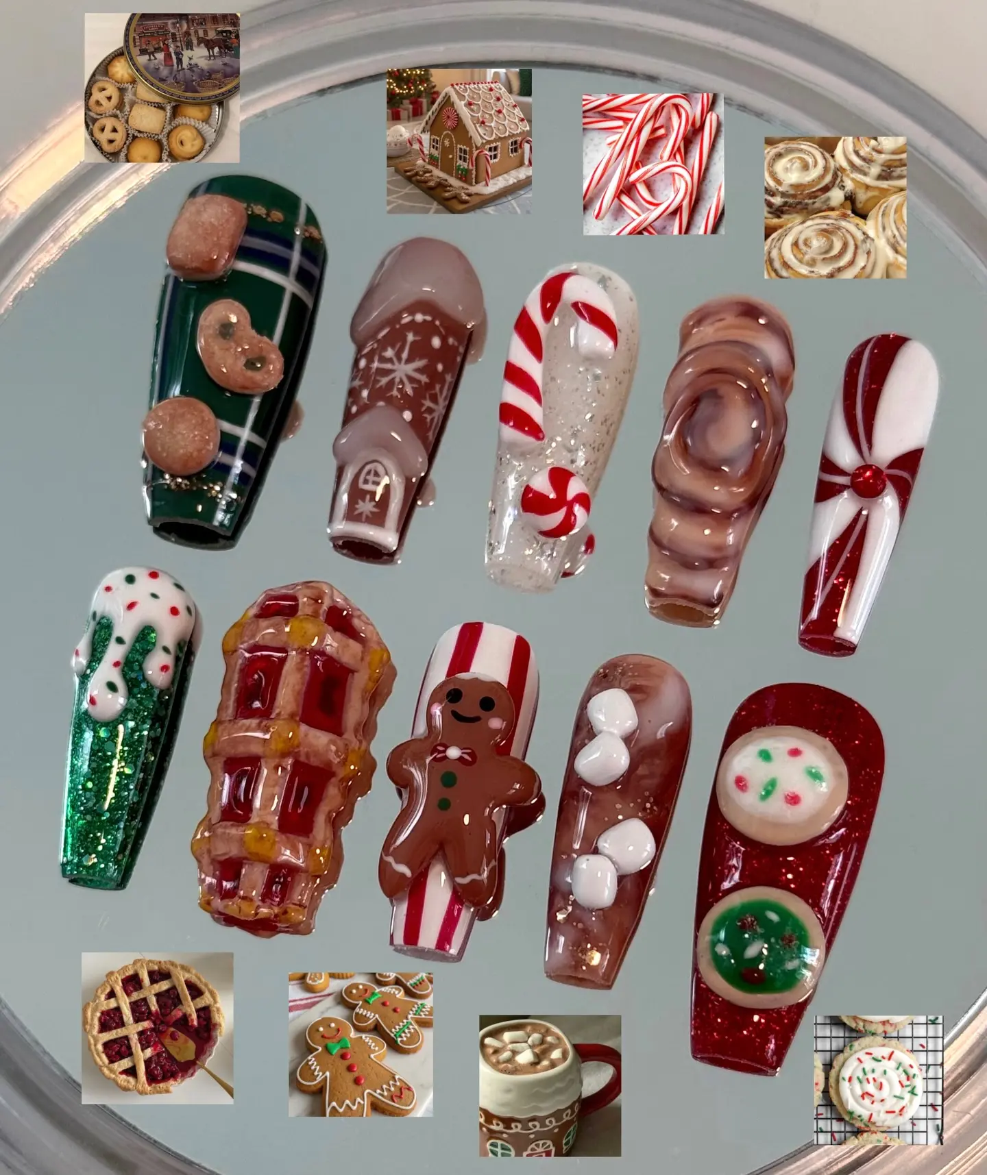 Christmas Gingerbread Press On Nails Handmade 3D Candy Cane Holiday Reusable Acrylic Gel False Nails | FREE Adhesive Tabs FREE Nail File FREE Cuticle Stick