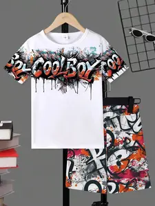 Boys' Casual Short Sleeve Shorts Set, Summer Regular Fit 3D Print Letter Colorblock Street Design, Perfect for Weekend Outdoor Activities