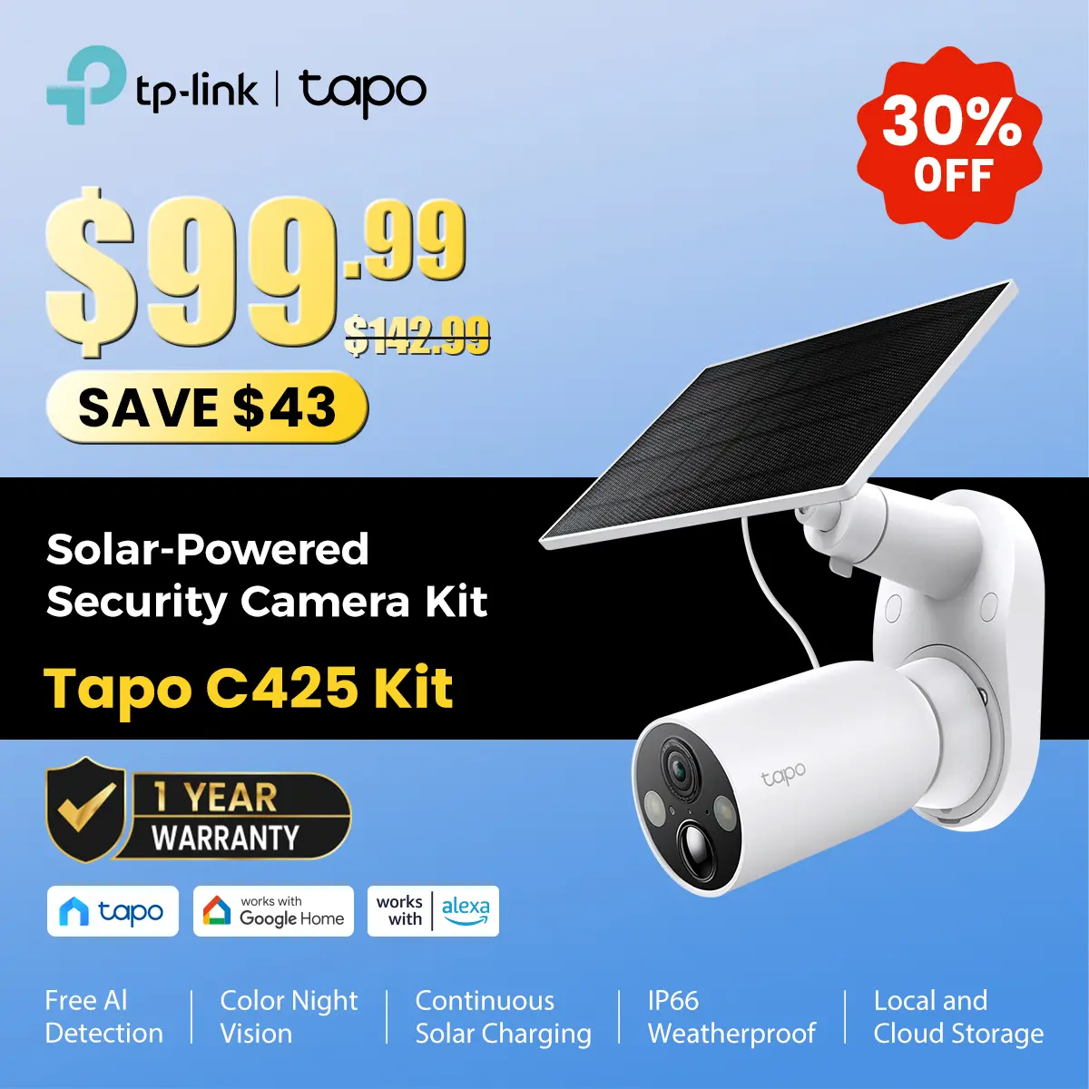 TP-Link & Tapo C425 Kit - 2K QHD Solar-Powered Outdoor Security Camera Kit with 150° Super-Wide FOV, Free AI Person/Motion/Vehicle/Pet Detection, SD/Cloud Storage, Starlight Color Night Vision,back to school,back to school haul