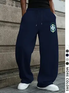 Neutral Brazil Badge Style Loose Sports Pants, Y2K Streetwear Joggers, Wide Sweatpants with National Team Logo and Drawstring Waist