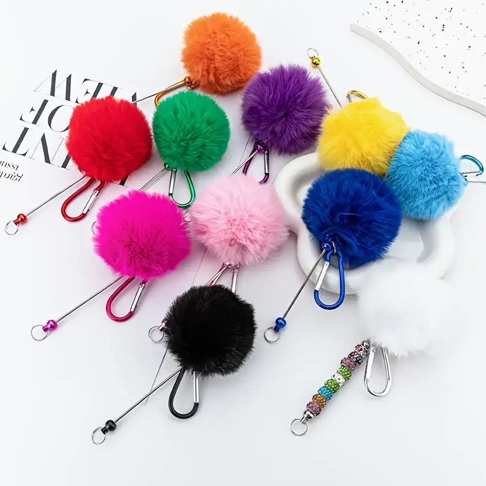 10 Pairs Fuzzy Trendy Cute Fluffy Colorful Craft Bead Keychains, D-Shape Lock Metal Hanging Decorations, DIY Craft Keychain Accessories Tools, Suitable for Halloween, Christmas, Fuzzy Keychain, Trendy Cute Keychain
