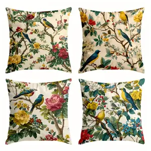4-Piece Floral Bird Print Pillow Covers, 45x45cm, Hidden Zipper, Decorative Cushion Cases, Outdoor Patio, Indoor Living Room, Bedroom, Sofa, Bed, Car